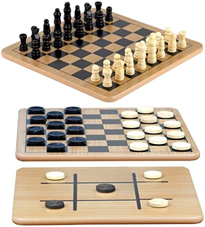 Regal Games - Reversible Wooden Board for Chess, Checkers & Tic-Tac-Toe - 24 Interlocking Wooden Checkers and 32 Standard Chess Pieces - for Age 8 to Adult for Family Fun