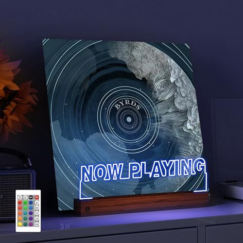 YuanDian Light up Now Playing Vinyl Record Stand, Wooden Acrylic Holder for Vinyl Album Display and Storage, Vinyl Illuminated LED Display Shelf with 16 Changing Color Lights