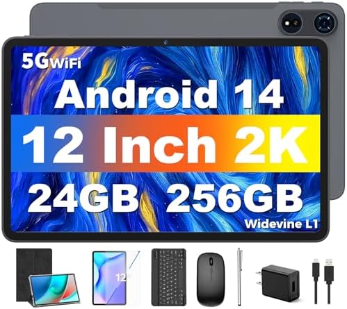 Tablet 12 inch Android 14 Tablets, 24GB（8+16）RAM+256 Storage(Expand to 1TB), Android Tablet with Keyboard, Octa-Core, 2K 2000x1200 Display, 16MP Dual Camera, 8000mAh, 5G WiFi,GPS,Bluetooth 5.0（Black）