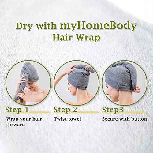 myHomeBody Hair Towel Wrap, Luxury Rapid-Dry Hair-Drying Turban, Ultra Soft and Quick Drying Absorbent Fiber, with Coconut Shell Button – Light Gray, Pink, White, 3 Pack