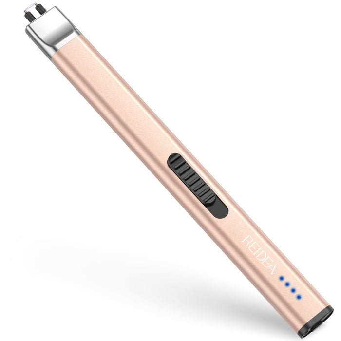 REIDEA Electric Lighter Candle Lighter, Retractable Top Windproof Flameless USB Rechargeable Arc Lighter with Safe Button and Power Indicator for Candle, BBQ and Fireworks, R1 Flat, Champagne Gold