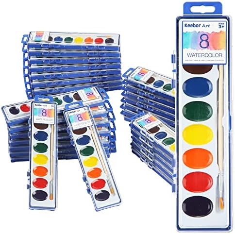 8-Color Watercolor Paint Set for Kids, 36 Pack Washable Watercolors for Party Favors, Gifts, Classroom Supplies (Wood Brushes Included)