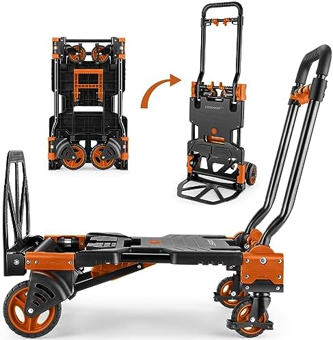 330LB Folding Hand Truck Heavy Duty Carrying, Combination of Four Wheels and Two Wheels Convertible Dolly Cart with Retractable Handle Dolly for Moving Office Carts(Orange)