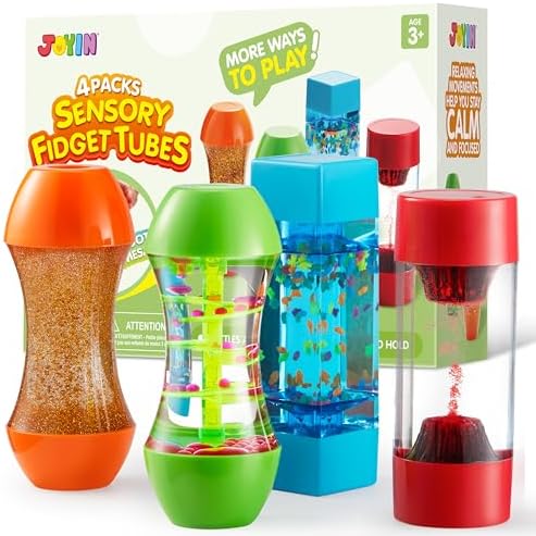 JOYIN 4-Pack Fidget Tubes for Kids, Sensory Tubes, Stress Relief Toy, Speech Therapy Materials, Calming Toys for Children with Autism, Calm Down Corner Supplies, Presents for Toddlers