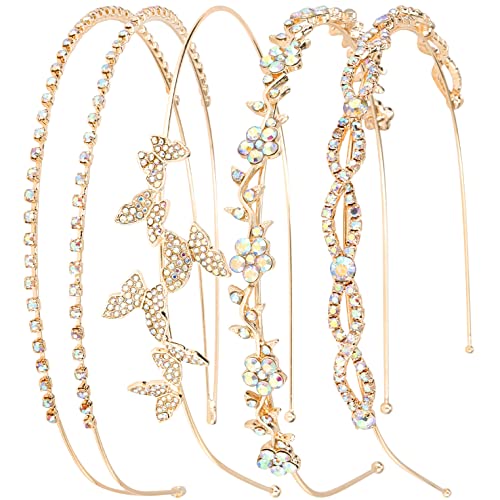 Wecoe 4 Pack AB Rhinestone Headbands Gold Metal Headbands Flower Girl Bridal Wedding Headband Crystal Headpieces Flower Leaf Butterfly Headband Formal Hair Accessories For Women Girls Gifts