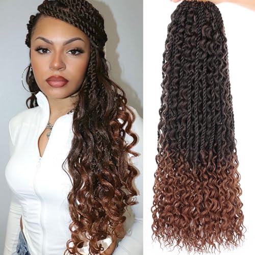 9 Packs Ombre Brown Senegalese Twist Crochet Hair with Curly Ends 24 Inch Boho Island Twist Crochet Braids Pre Looped Natural Goddess Box Braids Crochet Braiding Hair for Black Women T30#