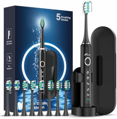 Rtauys M5 Sonic Electric Toothbrush for Adults and Kids - Rechargeable Electric Toothbrush with Electric Toothbrush Cover, 8 Brush Heads & Travel Case, 120 Days Battery Life - BlackSilver