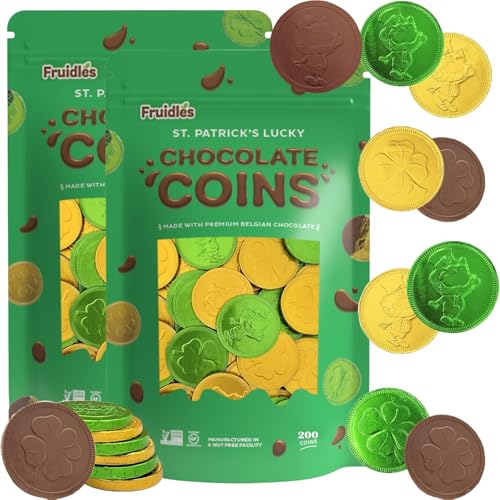 Saint Patrick's Day 200 Shamrock Leprechaun Chocolate Green and Gold Coins, Premium Belgian Nut-Free Milk Chocolate, Kosher Resealable Bag (200-Pack)