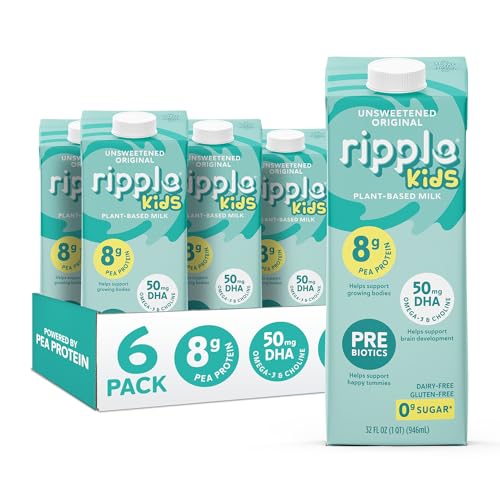 Ripple Kids Unsweetened Plant Based Milk | 8g of Quality Sourced Pea Protein, Calcium Rich | Shelf Stable | Vegan & Non GMO | Dairy, Soy, Nut, Gluten, & Lactose Free | 32 Fl Oz Cartons (Pack of 6)