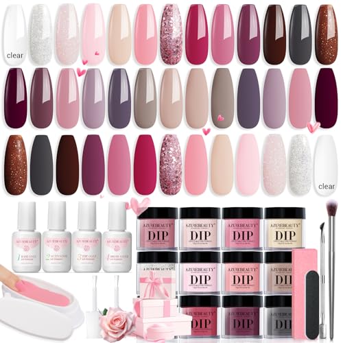 AZUREBEAUTY 31 Pcs Dip Powder Nail Kit Starter 20 Colors Clear Nude Pink Brown Glitter All Season Acrylic Dipping Powder Liquid Set with Top/Base Coat Activator for French Nail Art DIY Salon Gift