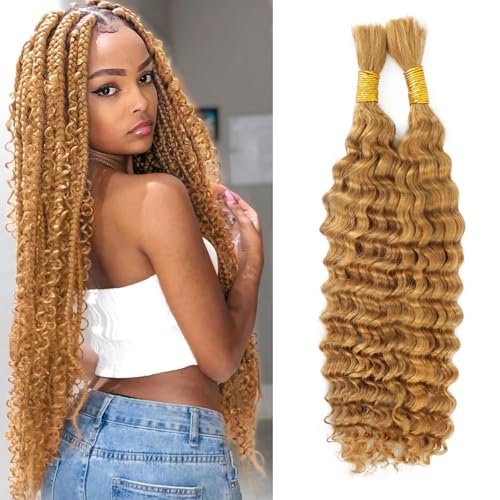 Honey Blonde Human Braiding Hair for Boho Braids Deep Wave Bulk Human Braiding Hair 100g 18 Inch 2 Bundles/Pack No Weft Color 27# 100% Brazilian Human Braiding Hair Extensions for Micro Braiding