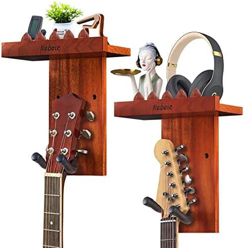 2 Pack Guitar Wall Mount, Guitar Hanger with Wood Shelf, Guitar Hook, Guitar Holder for Acoustic Electric Bass Guitar Ukulele Banjo Mandolin