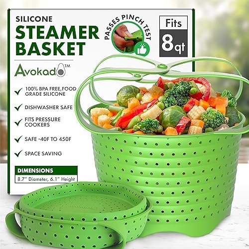 Avokado Silicone Steamer Basket for 8qt Instant Pot [3qt, 6qt avail], Ninja Foodi, Other Pressure Cookers - 100% Food Safe, BPA-Free, Dishwasher Safe Collapsible Vegetable Steamer Basket & Strainer