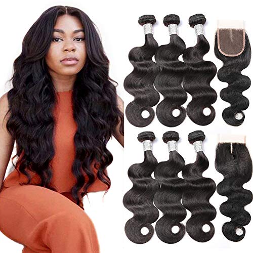 Beauty Princess Brazilian Body Wave with Closure 10A Brazilian Hair 3 Bundles with Middle Part Closure Natural Black Human Hair Bundles With Closure(22 24 26 with 20inch)