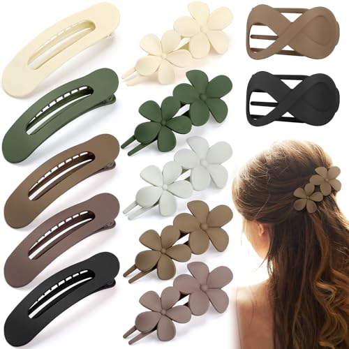 12 Pcs Flat Hair Clips for Women, Lay Flat Claw Clips Flower Hair Clips for Women French Concord Flat Hair Clips, 3 Styles Matte Hair Clips for Thin Thick Hair