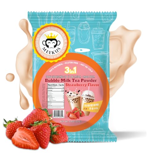Meekus Natural Gluten-Free Milk Tea Powder Boba/Bubble Tea Mix Strawberry Flavor 3-in-1 Drink Powder, Instant Pre-Mixed Beverage for Hot or Cold Drinks, Easy to Prepare Powdered Drink Mix 8 oz (227G)
