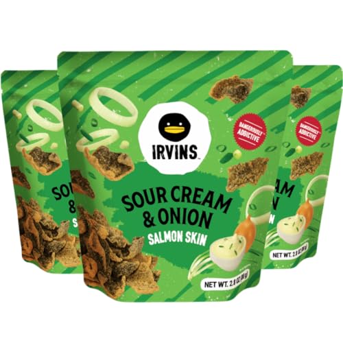 IRVINS Sour Cream & Onion Salmon Skin Chips Crisps | Premium Hand Cooked | Halal | High Protein | Keto-Friendly | 2.8 oz (Pack of 3)