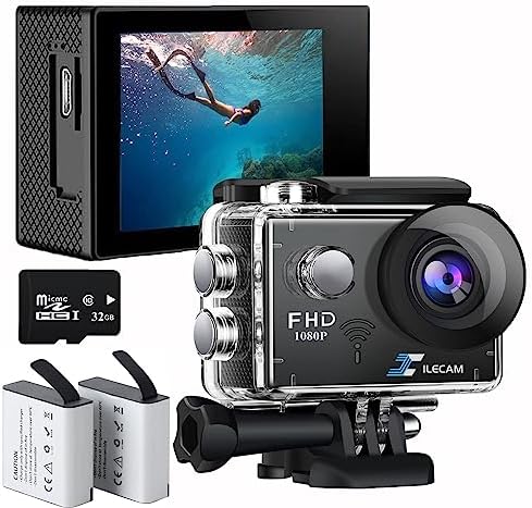 Action Camera 1080P WiFi Sports Camera 32GB Memory Card Action Camera 4xZoom 131ft Underwater Waterproof with 2 X1050mAh Batteries and Multi-Function Accessory(X2R)