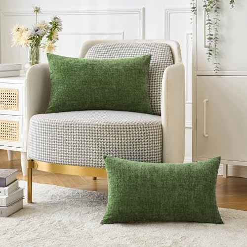 MIULEE Christmas Pack of 2 Couch Throw Pillow Covers 12x20Inch Soft Moss Green Spring Chenille Pillow Covers for Sofa Living Room Solid Dyed Pillow Cases