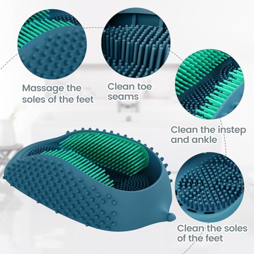 JIALEYA Lu-lala Shower Foot Scrubber - Portable Manual Foot Massager Cleaner Care for Soothe Feet Neuropathy Achy, Improve Foot Circulation - Wet and Dry use (Blue-Green)