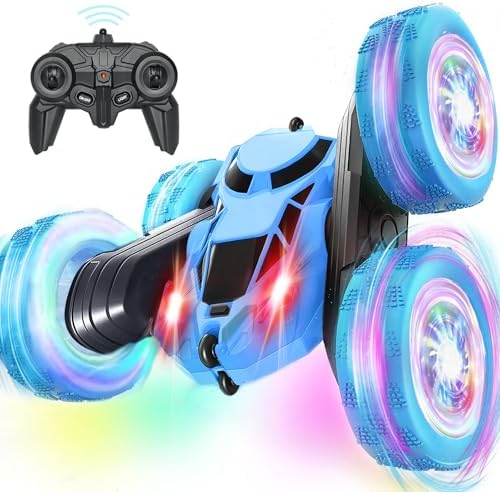 Remote Control Stunt RC Cars, 90 Min Playtime, 2.4Ghz Double Sided 360° Rotating RC Crawler with Headlights Wheel Lights, 4WD Off Road Drift RC Race Car Toy for Boys and Girls Aged 6-12 Blue