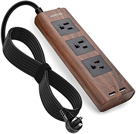 9.8ft Desktop Power Strip with USB, JACKYLED Flat Plug Brown Extension Cord Vintage Surge Protector 3 Outlets, Electrical Power Outlet Extender, Fire-Retardant USB Charging Station, Walnut Wood Grain