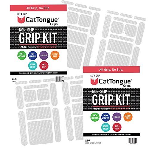 CATTONGUE GRIPS Non-Slip Grip Tape Kit Durable, Non-Abrasive, Anti-Slip Tape with Pre-Cut Strips for Indoor & Outdoor Use, Customizable & Waterproof for Thousands of Uses (Clear, 2pk)