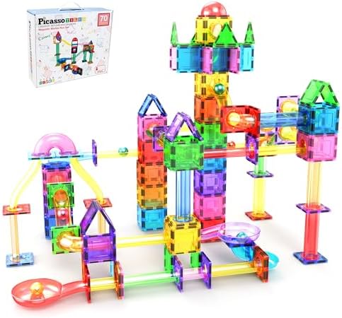 PicassoTiles 70 PCs Marble Run Maze Race Track Magnetic Tiles Magnet Building Block Educational Construction Toy Playset STEM Learning Kit Child Brain Development Hand Eye Coordination Training PTG70