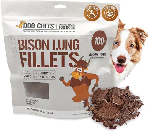 Dog Chits Bison Lung Fillets Dog and Puppy Treats - All Natural Grain and Chemical Free Training Chews - High Protein and Low Fat - Supports Dental Health - Made in The USA - Large 10 oz Bag