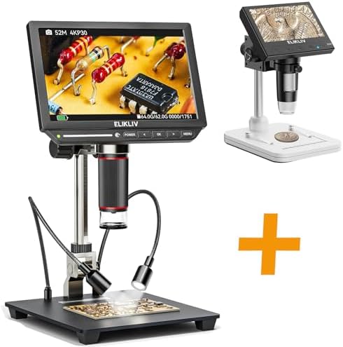 Elikliv EM4K + EDM4 Digital Microscope, 8" 4K Coin Microscope 2000x, 52MP HDMI Microscope, Soldering Microscope for Adults, LCD Microscope for Electronics Repair, 3840P UHD Video Microsocpe, 64G