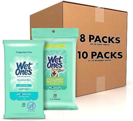 Wet Ones Mixed 18 Piece Bundle of Human & Pet Wet Wipes, Hypoallergenic | 10 Packs Sensitive Skin Hand and Face Wipes, 20 Ct Plus 8 Packs for Pets Dog Wipes for Snout, Eye, Ear, 30ct