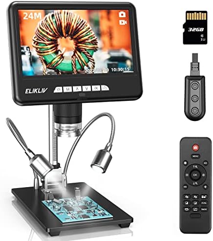 Elikliv 2K Digital Microscope, 7" LCD Digital Microscope 1200x, 24MP Soldering Coin Microscopes, IPS Screen, 10" Stand, 10 LED Lights, Wireless Remote, PC/TV Compatible, 32GB