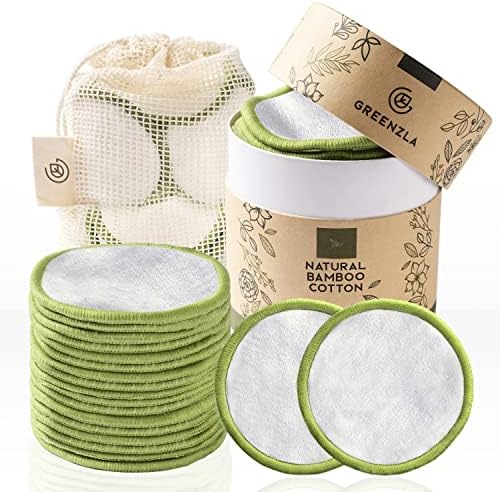 Greenzla Reusable Makeup Remover Pads, Washable Bamboo Cotton Rounds with Mesh Laundry Bag, Travel Pouch, Pad Holder - Reusable Cotton Rounds for All Skin Types - Perfect for Face Care, 20 Pack