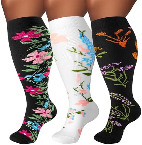 Plus Size Compression Socks for Women & Men 3 Pairs, Wide Calf Extra Large 20-30 mmHg Knee High Support Socks for Travel, Running, Nurse