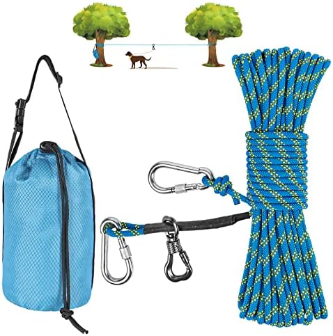 XiaZ Dog Tie Out Cable for Camping, 50ft Portable Overhead Trolley System for Dogs up to 200lbs，Dog Lead for Yard, Camping, Parks, Outdoor Events,5 min Set-up, Blue