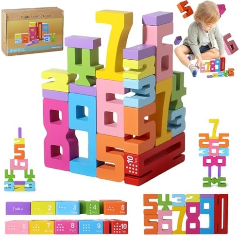Montessori-Inspired Wooden Number Building Blocks-Wooden Number Blocks for 3+ Years Old Kids 1-10 Number Game Balance Competition Toy – Unlock Your Child’S Potential