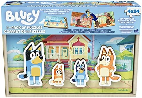 Spin Master Games, Bluey Puzzles 4-Pack, Wooden Jigsaw Puzzles for Preschoolers, 24 Pieces Each, Interchangeable Pieces, Bluey Birthday Gifts, Easter Basket Stuffers, for Kids Ages 3 & Up