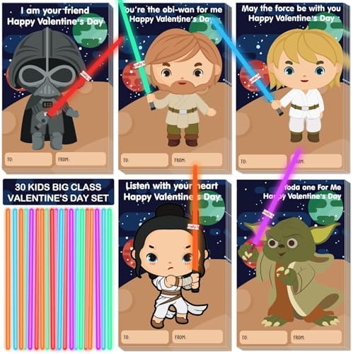 Glow Stick Valentines Day Cards - 30 Pcs Star Valentines Cards for Kids Classroom with Glow Sticks, Valentines Day Gifts for Kids, Neon Valentines Day Cards for Kids School