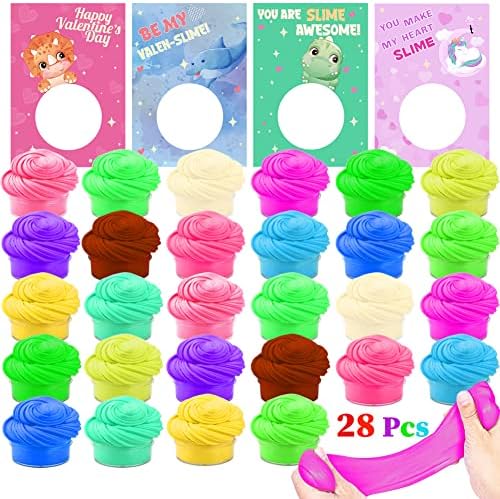 UMEELR Valentines Day Cards with Butter Slime, 28 Packs Colorful Playing Dough and Valentine's Greeting Cards Gift Sets for Kids, Valentine School Classroom Prize Exchange, Fluffy Putty Party Favors