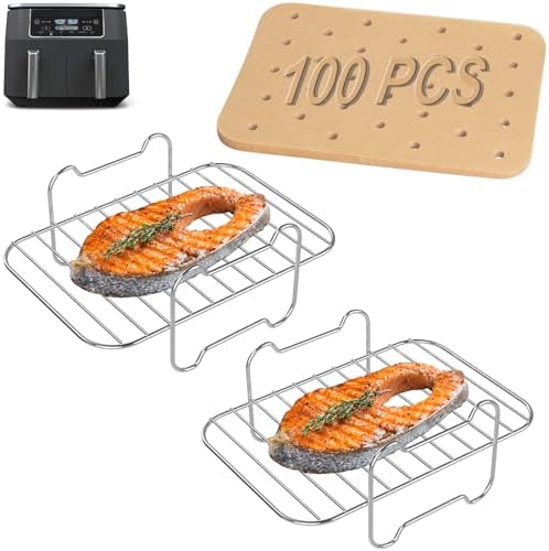 2 Packs Air Fryer Racks with 100pcs Liners for Ninja Foodi DZ401/ DZ201 and Other 8-10 QT Dual Air Fryer, Parchment Paper & Stainless Steel Toast Rack for Air Fryer 2 Basket Liners Accessories