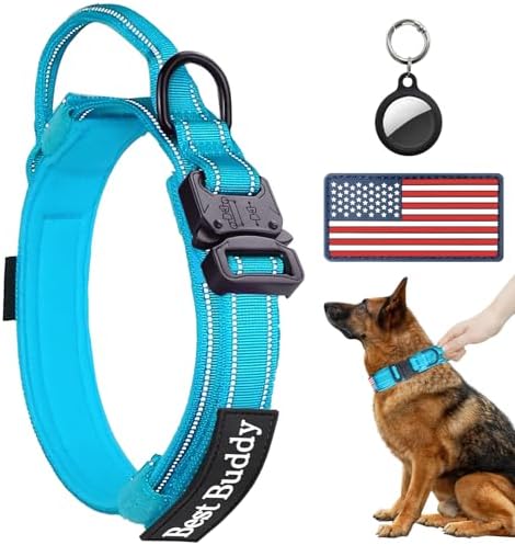 AUBELL Reflective Tactical Dog Collar,Adjustable Military Heavy Duty K9 Collars with Handle and Quick Release Metal Buckle Great for Extra Large Dogs, with Airtag Case and 2 Patches (Blue,XL)