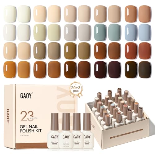 GAOY 23 Pcs Gel Nail Polish Kit, White Blue Brown Colors All Seasons Gel Nail Polish Set with Glossy & Matte Top Coat and Base Coat for Nail Art DIY Gel Nail Kit
