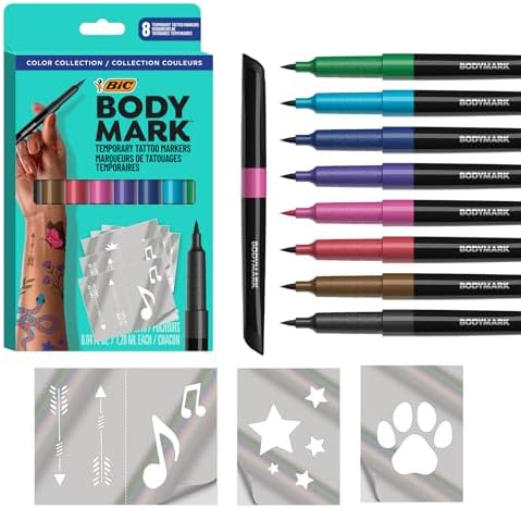 BODYMARK Temporary Tattoo Markers, 8-Count Color Collection, Skin-Safe & Cosmetic Quality, Cruelty-Free, Long-Lasting, Flexible Brush Tip, Stencils Included