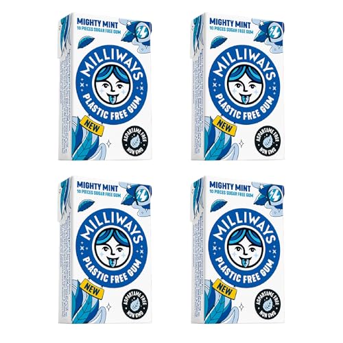 Milliways Mighty Mint Super Natural Gum - Plastic-Free Chewing Gum | Xylitol, Aspartame-Free, Sugar-Free, Plant-Based | 4 Packs of 10 Pieces (40 Pieces Total)