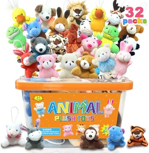 32Pcs Mini Plush Animals Toy Set Assortment Christmas Easter Bulk Stuffed Keychain Party Favors for Kids Small Animals Decorations Toys Carnival Prizes Birthday Goodie Bag Fillers