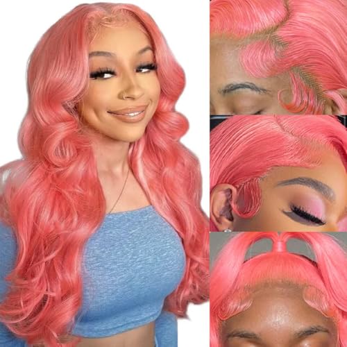 Pink Lace Front Wig Human Hair 13x4 Hd Lace Pink Frontal Wigs Pre Plucked Pre Cut with Baby Hair Pink Wig Human Hair 180% Density Lace Front Pink Wigs for Women 22 Inch