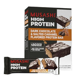 MUSASHI High Protein Bar, 45g Protein, 1g Total Sugars, Dark Chocolate & Salted Caramel, Post Workout and Protein Snack On The Go, 12 Pack of 3.2oz (90g) Bars