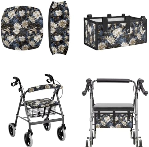 LedBack Vintage Floral Walker Accessories 3 Piece Set Rollator Walker Seat and Backrest Covers, Walker Storage Bags Lightweight Rollator Seat Cushion Covers and Organizer Bag