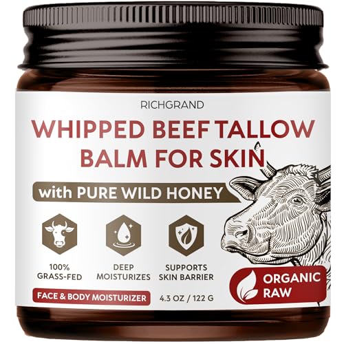 Beef Tallow for Skin - Whipped Grass-Fed Moisturizer with Wild Honey & Beeswax, Natural Face & Body Care, Deep Hydration, Anti-Aging, Sensitive Skin Safe, 100% Organic Balm