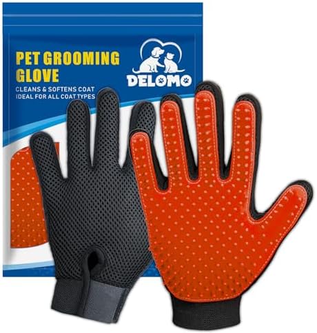Upgrade Version Pet Grooming Glove - Gentle Deshedding Brush Glove - Efficient Pet Hair Remover Mitt - Enhanced Five Finger Design - Perfect for Dog & Cat with Long & Short Fur - 1 Pair